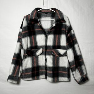 SHEIN Plaid Fleece Shacket Jacket Black White Rust Button Front Women’s M